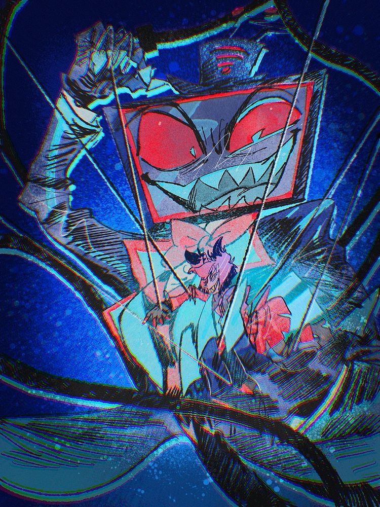 ハズビンホテルのヴォックスとアラスターのイラスト　操り人形をつけた小さなアラスターがヴォックスの手に乗っている