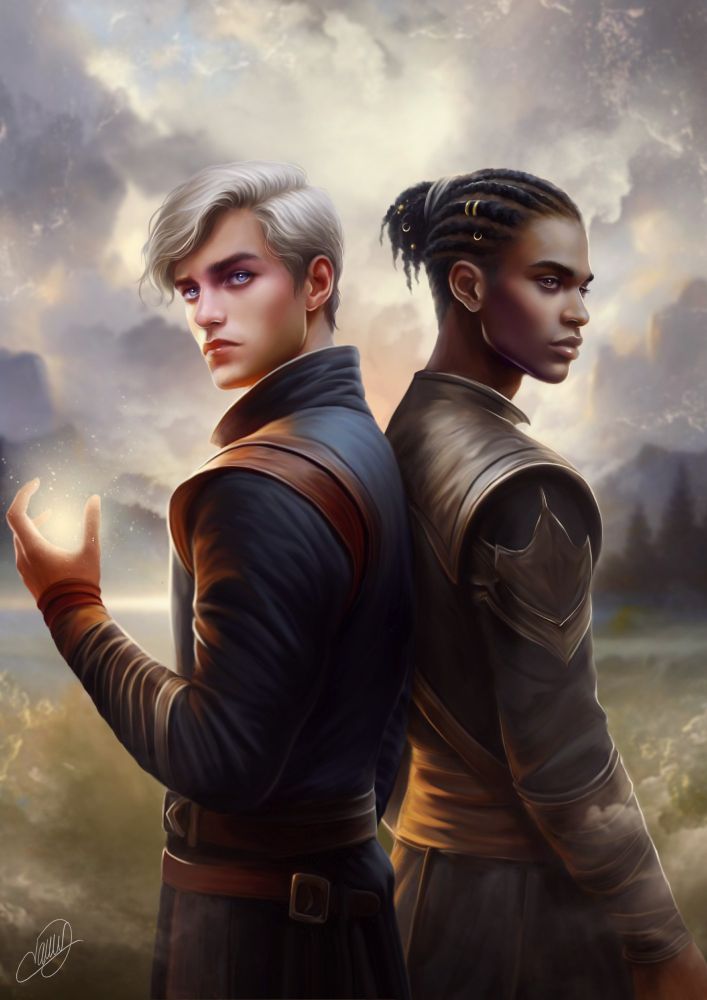 deux étudiants en magie se tenant dos à dos, en uniforme, Thorgal est blond, Edyar est noir