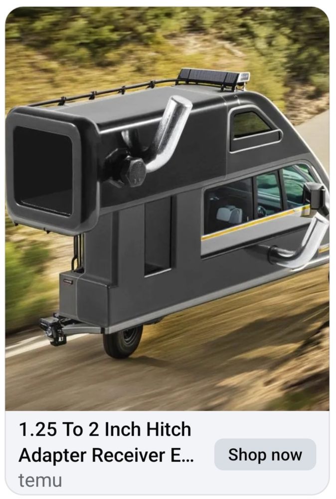 An image of a trailer hitch that somehow morphs into a double-decker RV that is also a motorcycle, apparently.