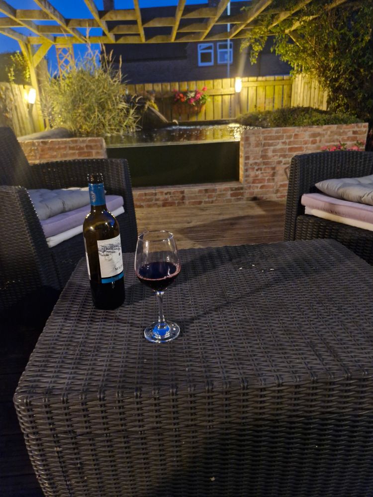 Glass and bottle of red wine overlooking the pond