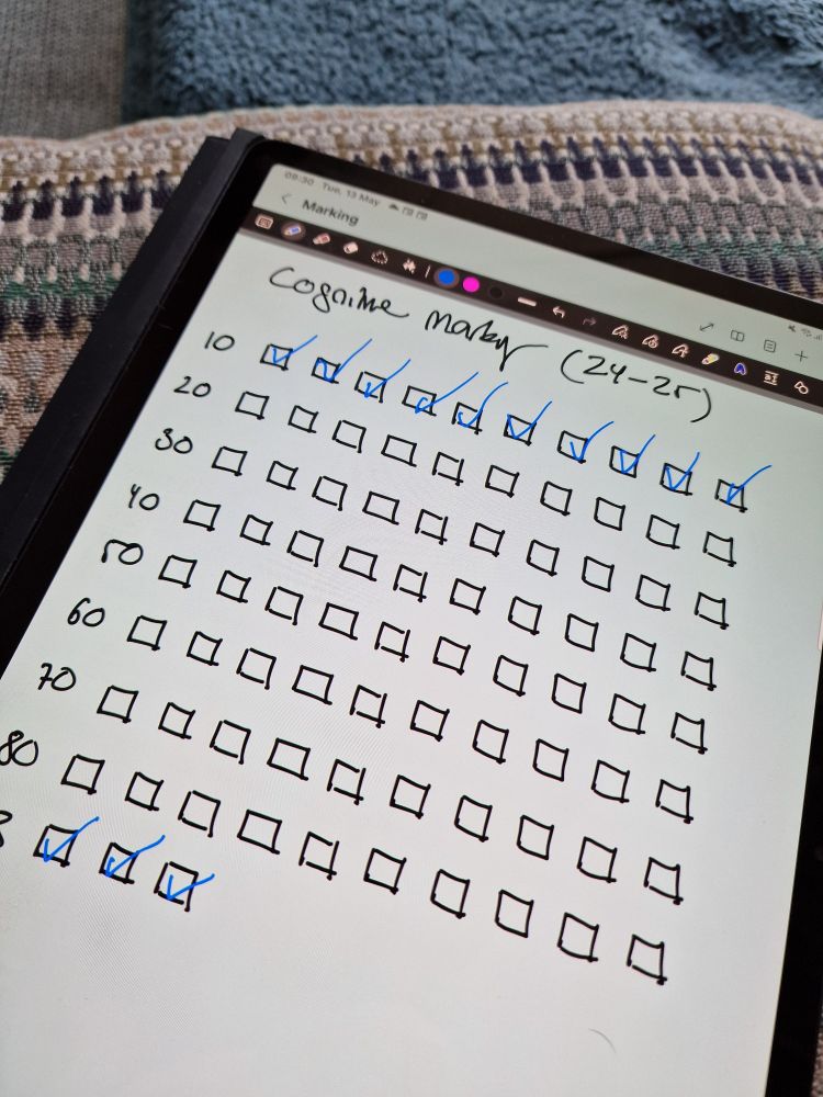 A tablet showing a notes sheet with 83 squared tick boxes. 10 tick boxes per row. The first row of 10 is ticked off as well as the final row with 3 tick boxes. 