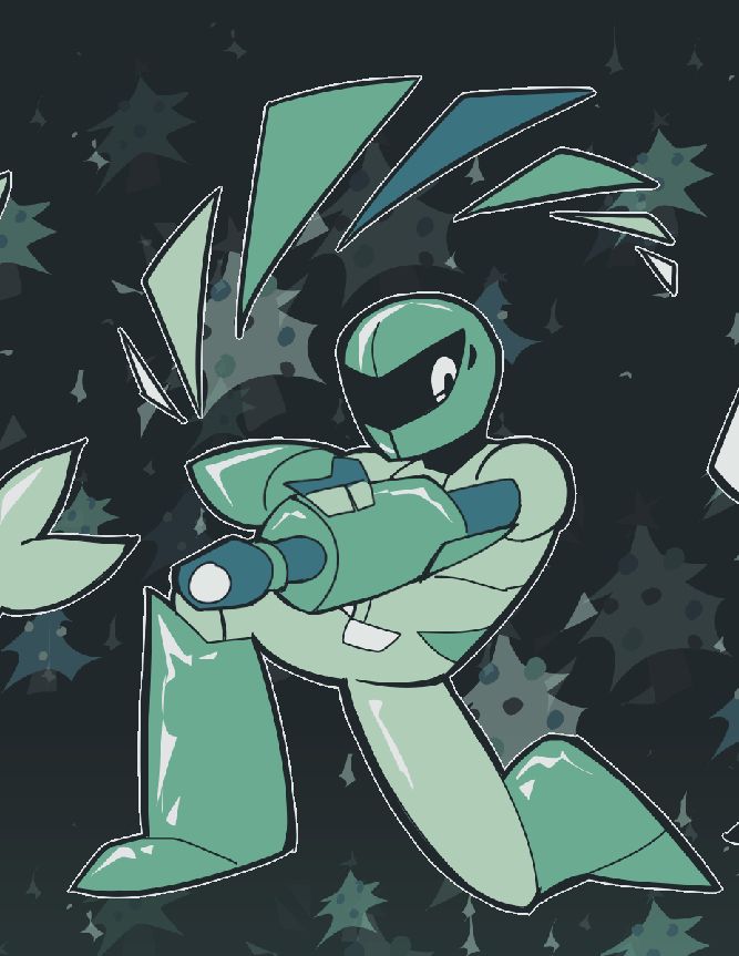 A semi-poorly-cropped image of Delta from a vast sheet of people's OCs circa December 2022. Delta is a humanoid combat robot, depicted as kneeling with his right hand on his arm cannon.