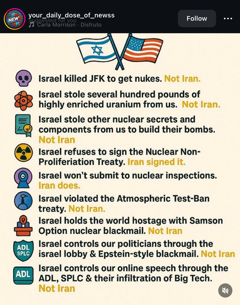 A post by your_daily_dose_of_newss on instagram about everything Israel has not that Iran has not. 