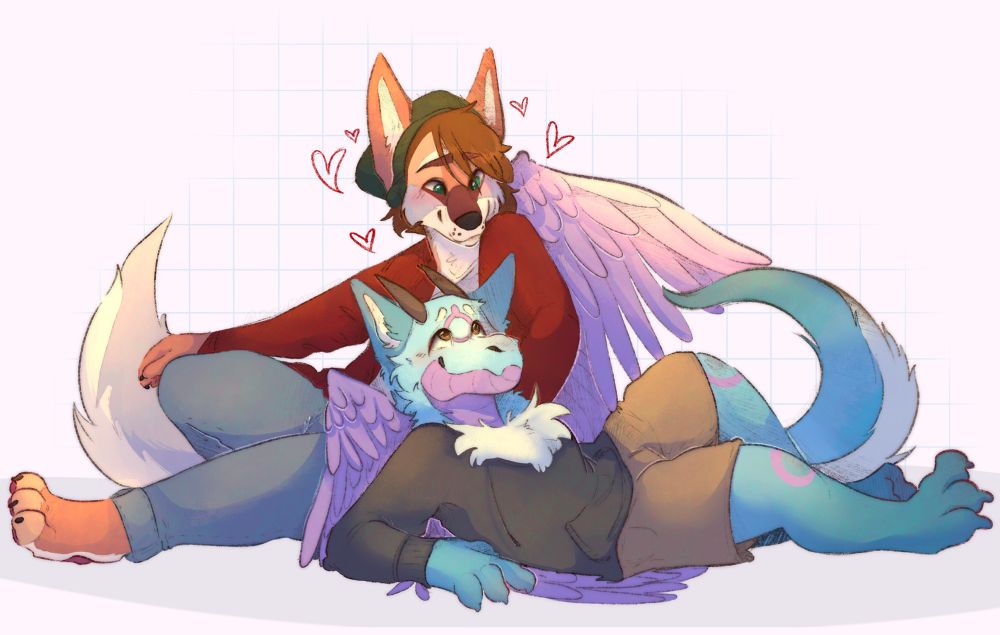 A coyote and dragon gaze at one another lovingly while basking in the other’s presence. 