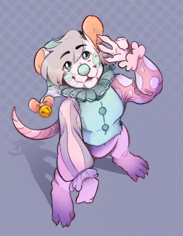 An anthro mouse wearing a jester costume smiling up at the viewer, and posing with their fingers making a peace sign
