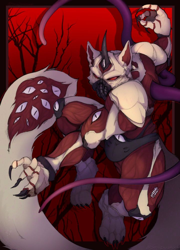 A creature made of sinew and plated bones swipes its claws in view of the camera. It has many eyes, tentacles, and a menacing glance. It’s suspended in the air amidst a backing of trees on a red sky.