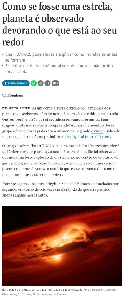 Notícia da FSP:
"Como se fosse uma estrela, planeta é observado devorando o que está ao seu redor".