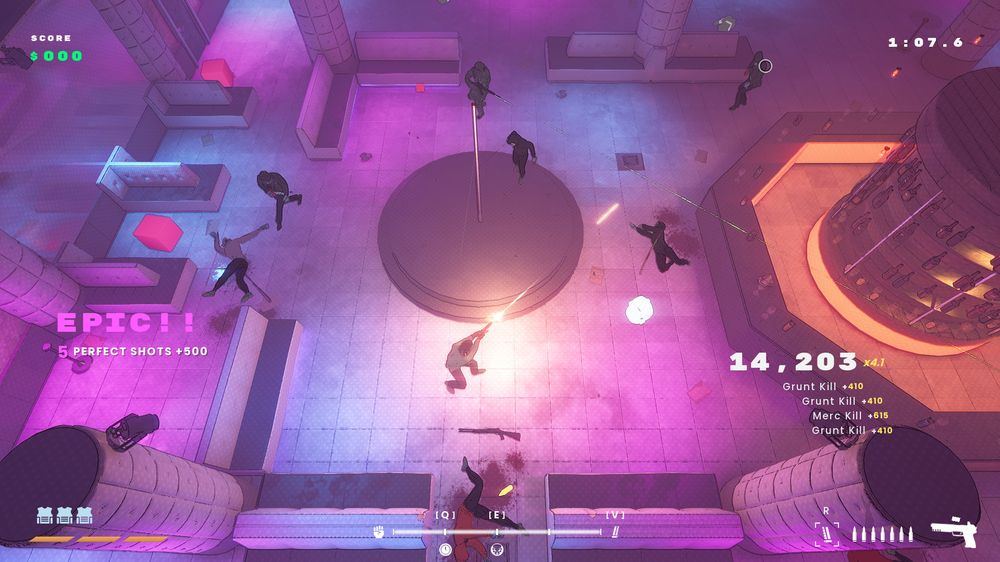 a screenshot of suit for hire - a top-down view of a pink-lit bar in which a suit-wearing gunman exchanges fire with a group of mercenaries in tactical gear