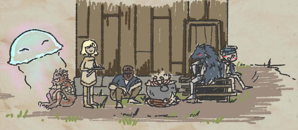 A little scribble depicts a serene scene of several EldenRing NPCs sitting in front of Boggarts shack, having a good time, while some prawns are cooking in a pot. You can see the summon Aurelia, Hewg, Roderika, Boggart, Blaith and Lehmi. 