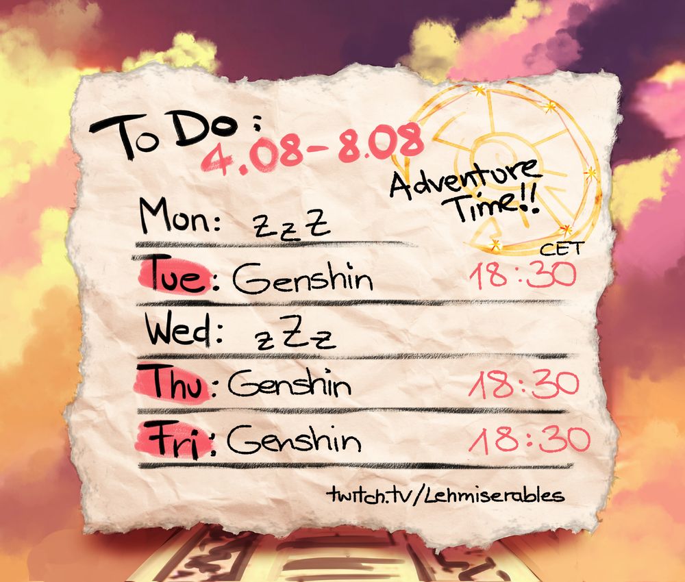 An illustration depicting Lehmis Stream schedule, looking like a little timetable sketched on a crumpled piece of paper.

The background is based on the video game Genshin Impact, depicting a warm hued evening sky with clouds while a stoney road seemingly floating in the sky is drawn in the middle.

A little sketch on the schedule depicts the character Bennetts Constellation with 6 glowing stars