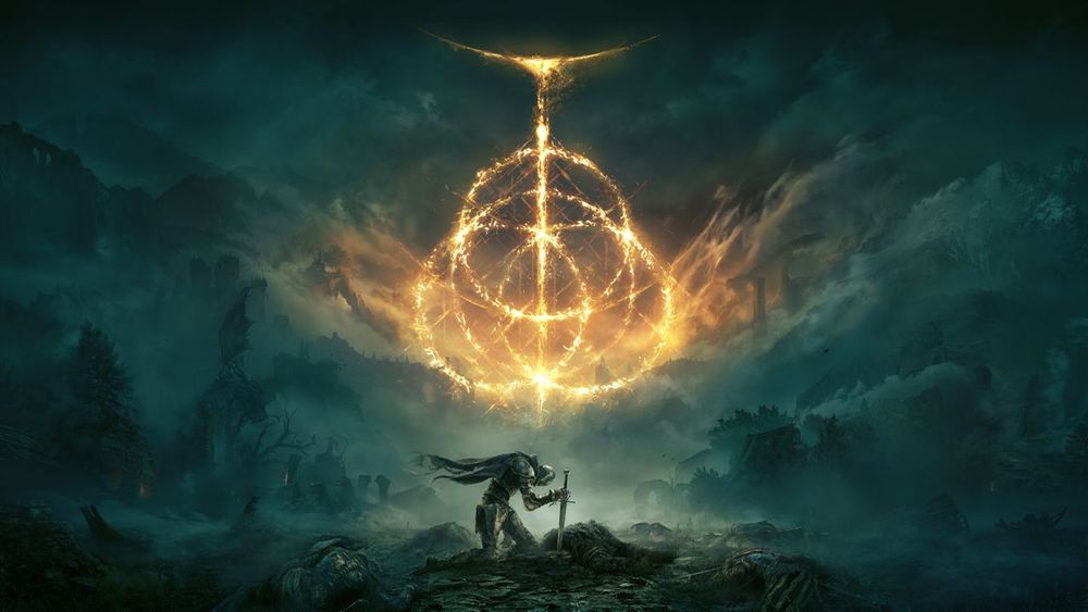 The background Title image of videogame Elden Ring. A knight is kneeling in the center of the image, holding a sword that is stuck in a dead carcass. Behind him a fiery sign of interlacing Rings illuminates the cloudy sky. The background is misty, dark and greenish/blueish hued. The image gives a feeling of mysterious desolation.