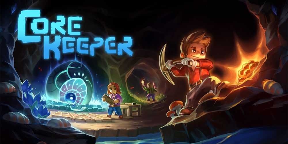 The cover illustration of the game Core Keeper.
In a dark cave on the right, you see a character with short brownish hair and a red jacket find some ores, while chipping away with a pickaxe. In the back another character is looking into a dark tunnel with a torch and another character is holding some wood as if to build something. On the left a strange egg like and blueish/green shining object is sitting emitting light and the top part of the illustration has the title of the game. If one looks closer you can see some tiny maggots and flowers in the shadows of the cave.