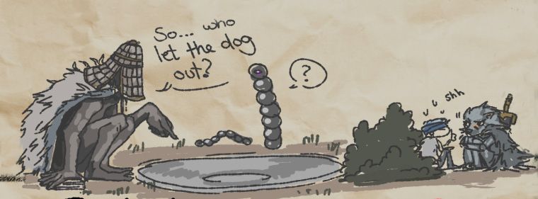 A little scribble depicting a big Troll like creature, the blacksmith Iji sitting in front of an Evergaol pointing to it and asking the worm like creatures around it "So... who let the dog out?" To the right, behind a bush, Lehmis Tarnished and the NPC Blaidd (a wolf man) are hiding, and Lehmi is quietly saying "shhh"