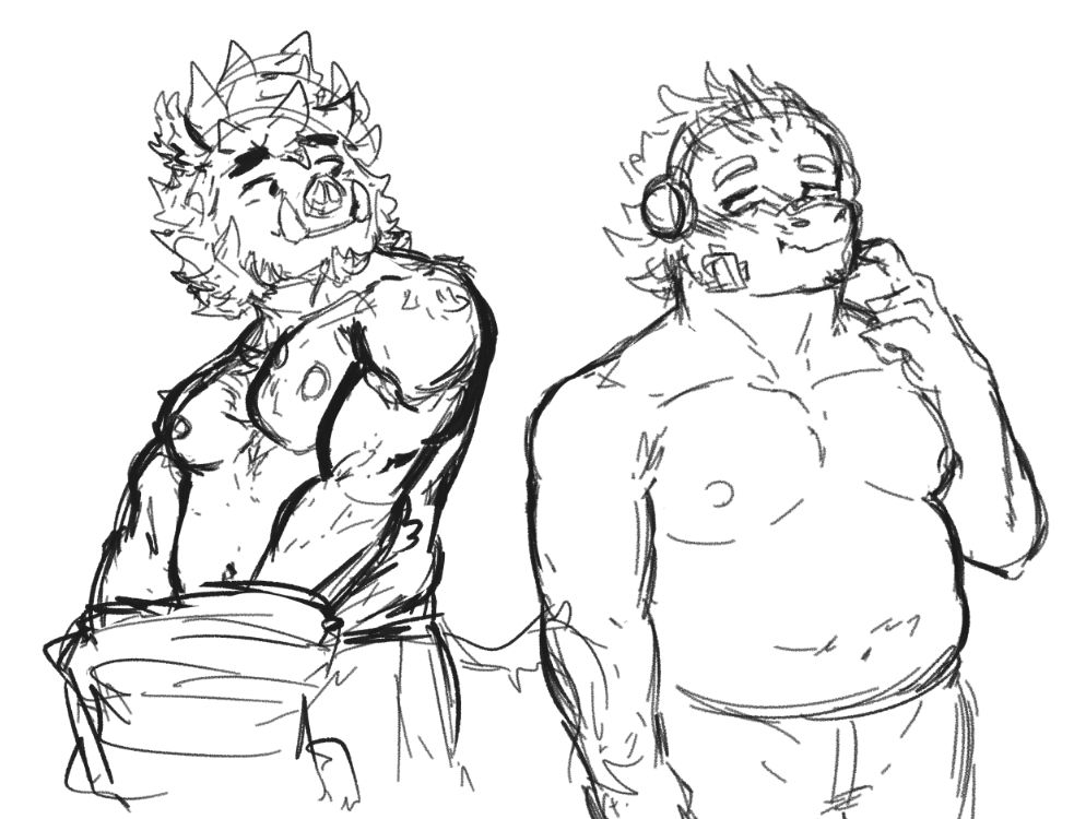 Boar and lizard shirtless. Boar has a fit physigue, while lizard is just chubby
Lizard is puffing his cheeks out of shyness