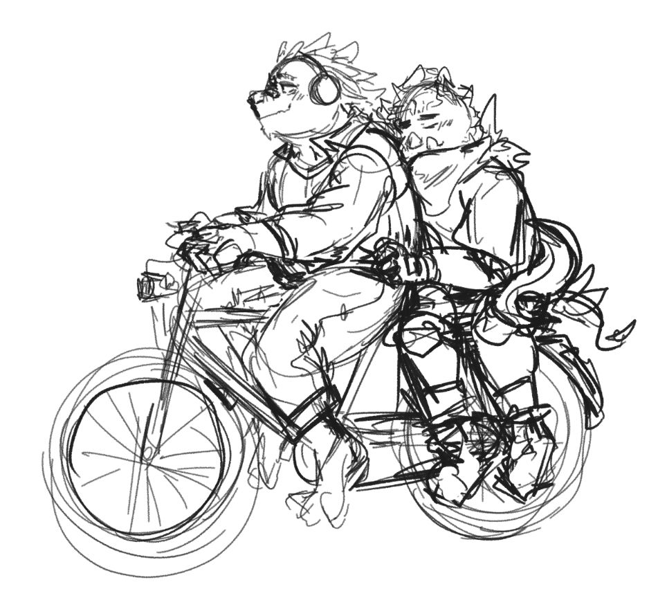 A lizard riding a bicycle with a boar on it, while a boar hugs him