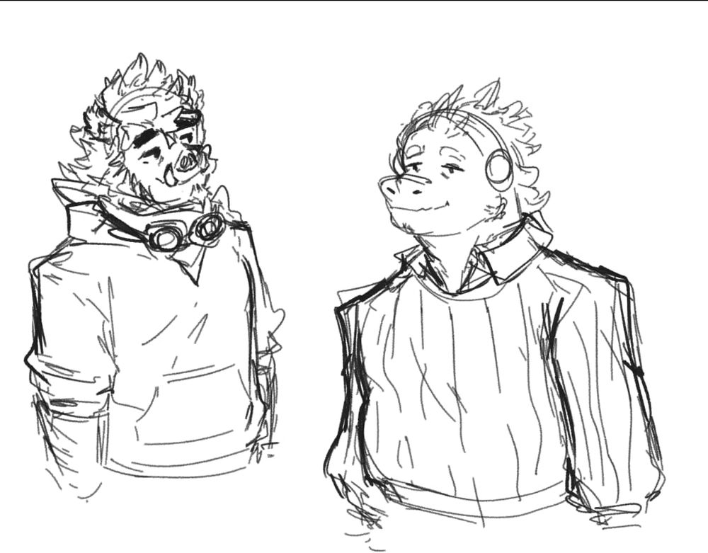 Boar and lizard in clothes with lizard being chubbier and shorter than boar