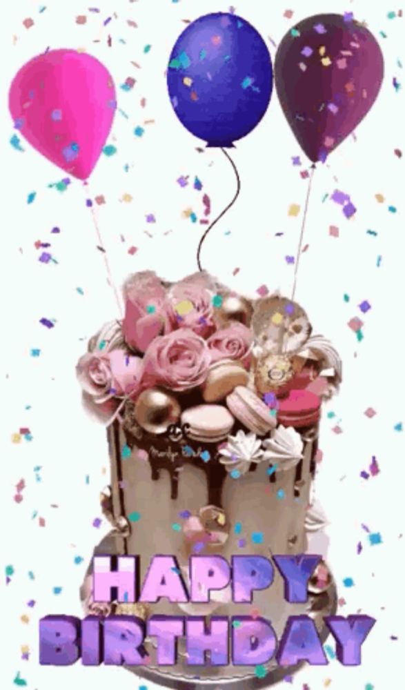 a birthday cake with balloons and confetti on it .