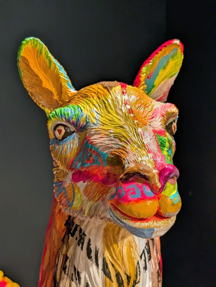 A portrait photo of a brightly painted life-size  alpaca sculpture.