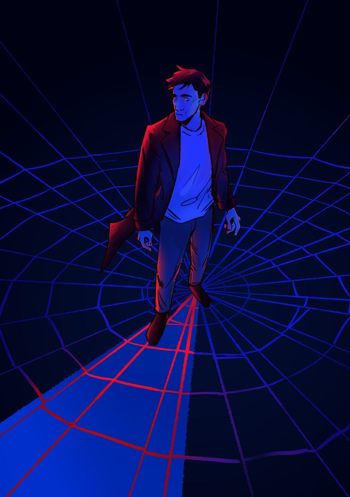 a drawing of Sherlock Holmes from the podcast Sherlock & Co, standing at the centre of a spider's web, on a dark blue background. Sherlock is a tall man with short black hair and is wearing a long black coat. He is drawn from a top-down perspective and is cast in blue shadow and bright red light. His shadow is casting red light on the spider web.