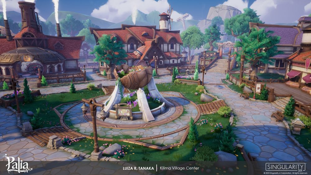 A screenshot of Kilima Village, from the video game "Palia". Buildings with red tiled roofs surround a town square with a round monument in the center. 