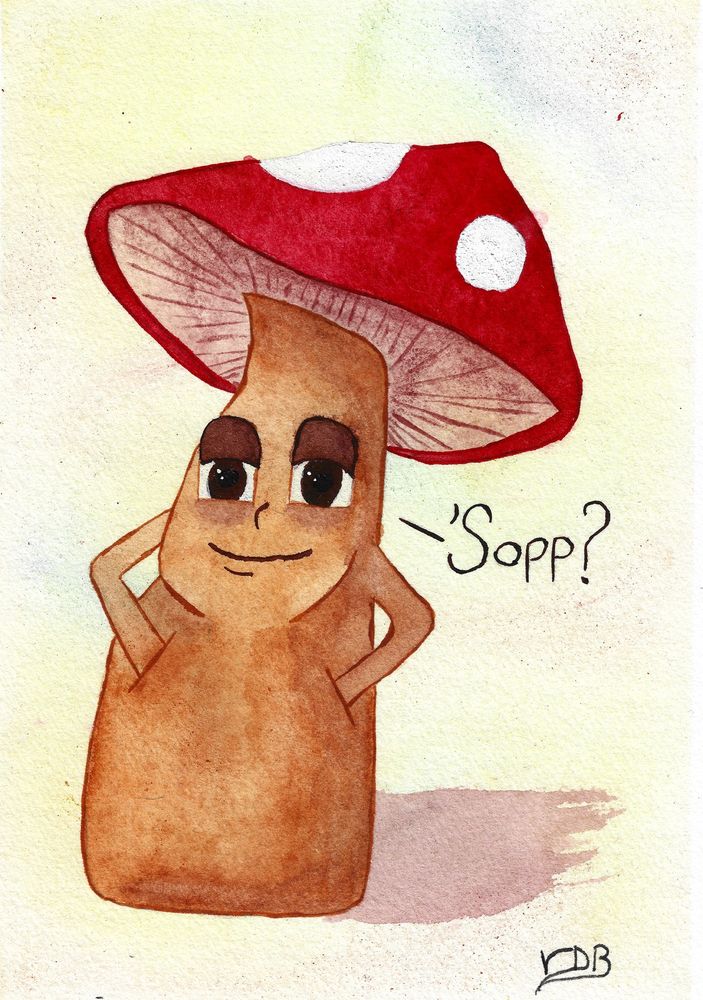 A watercolor painting of an anthropomorphic mushroom with big eyes and hands in pockets saying, "'Sopp?"