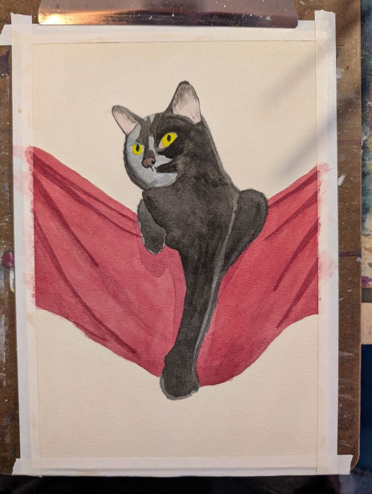 An unfinished watercolor painting of a black void cat in a red fabric hammock. 