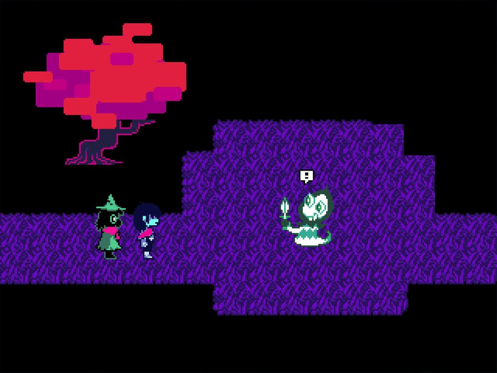 Ralsei and Kris in the Field of Hopes and Dreams, being spotted by a Rudinn.