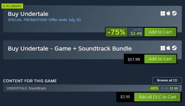 Undertale on sale during Steam's Summer Sale event for 75% off, along with the soundtrack being 60% off for prices of $2.49 and $3.99 respectively.