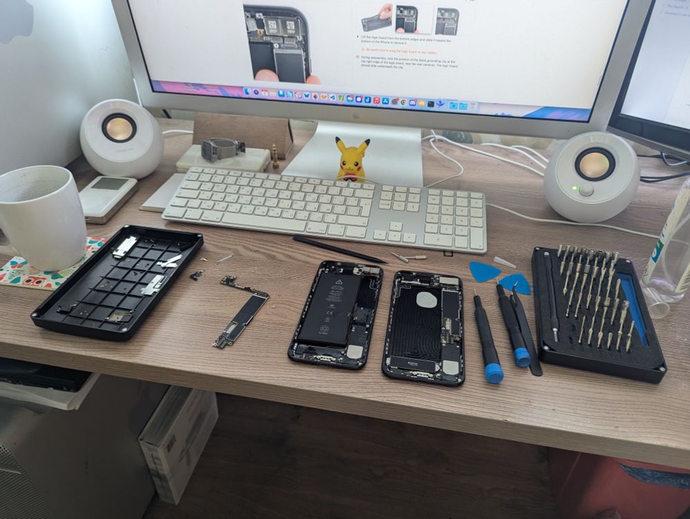 Pic of my desk, with two iPhone 7 Plus Jet Black units torn down to their logic boards, iFixit tools around them