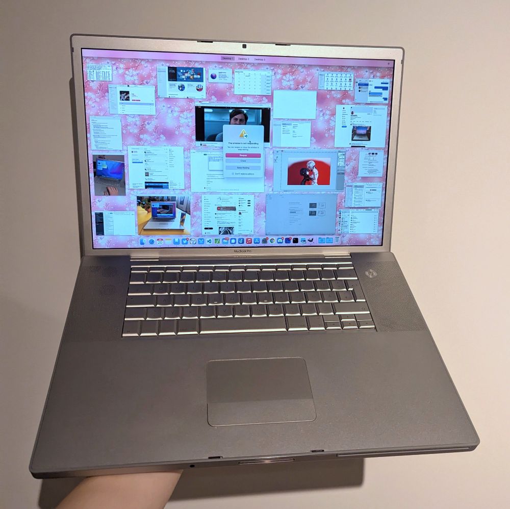 Pic of me holding a 2008 17" MacBook Pro that has like over 20 apps open, like everything is open and its showing mission control with all of the windows present
