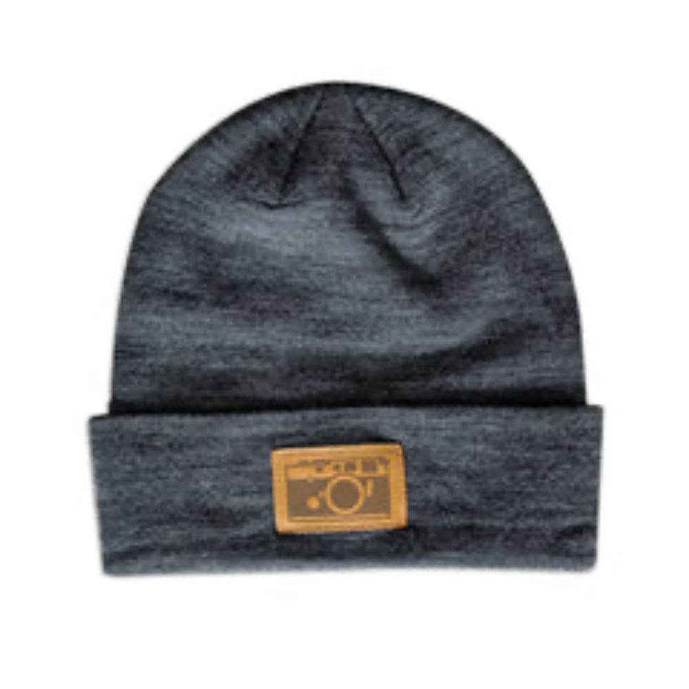 M6 Leather Patch Beanie, Charcoal Gray