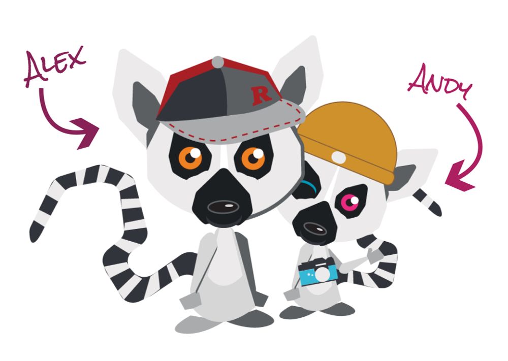 Two vector art lemurs labeled Alex on the left and Andy on the right. Alex is wearing a Roberts Camera ball cap and has orange eyes. Andy is wearing a beanie and carrying a Soviet SLR and has heterochromia with one pink and one blue eye.