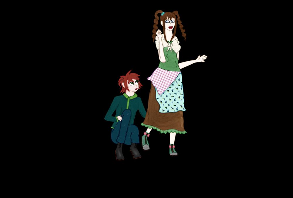 a closer view of Muiren and Celosia, two of the supporting characters pictured on The Absence of Complete Dark's cover.