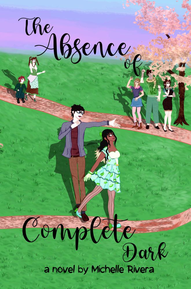 the cover of The Absence of Complete Dark by Michelle Rivera, which depicts the main two characters, August and Yidarica, in focus while other supporting characters are in the background.