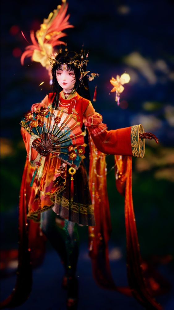 A dark haired woman in red Chinese style silks.