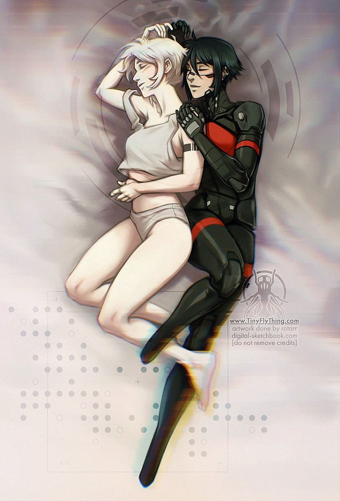 Lstr and Ariane from the videogame Signalis laying on a sheet sleeping together. parts of the image are glitching.