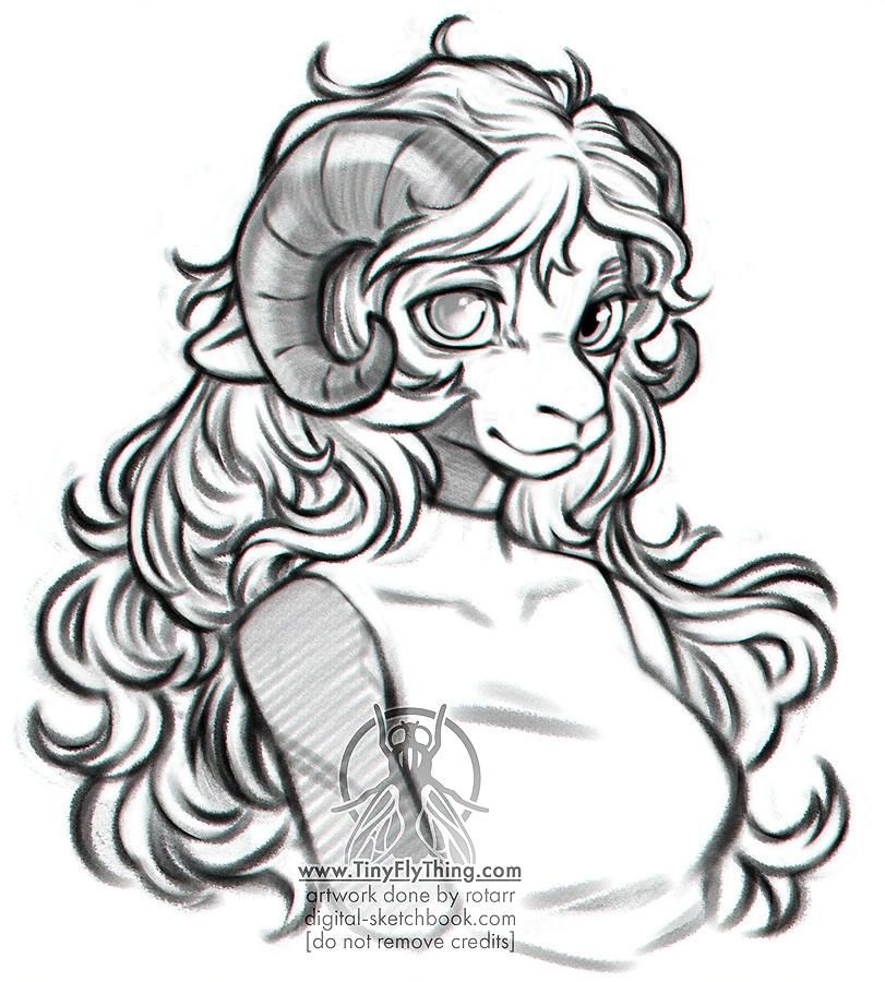 portrait of a ram girl with long curly hair