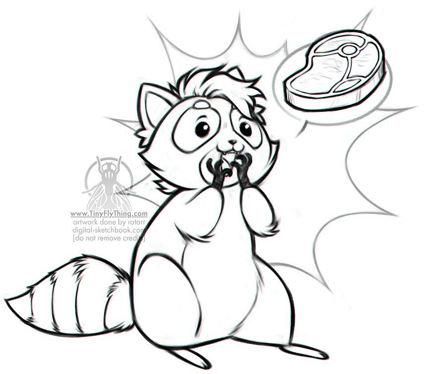 cute cartoon racoon talking about steak. and we love Trash Inu!