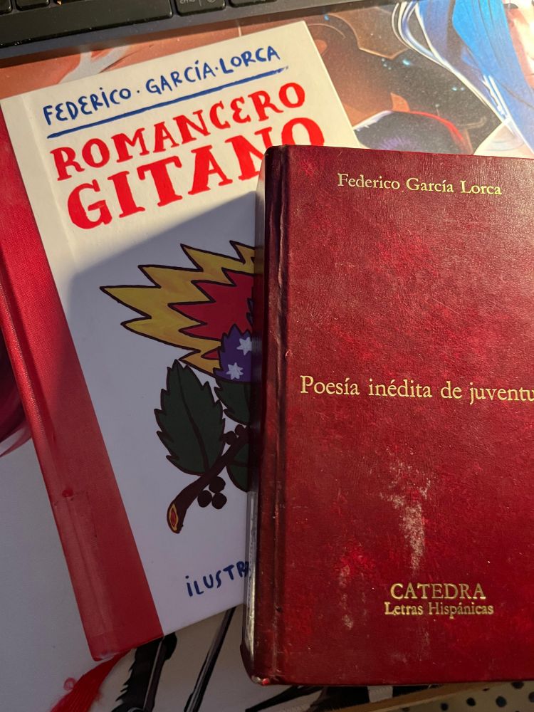 Foto de dos libros de Federico García Lorca. Romancero gitano con lomo con franja roja, fondo blanco nombre del autor arriba en azul, una linea azul de separación y el título "Romancero gitano"(Romancero encima de gitano) en mayúsculas y en rojo. Se puede ver un poco del dibujo que es una rama y una llama. 
El otro libro es Poesía inédita de juventud. El libro es todo rojo/granate con el autor arriba centrado en dorado en el medio el título en dorado también. 