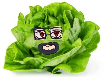 Foto de una lechuga con unos ojos con gafas y boca con barba alrededor en estilo cartoon.