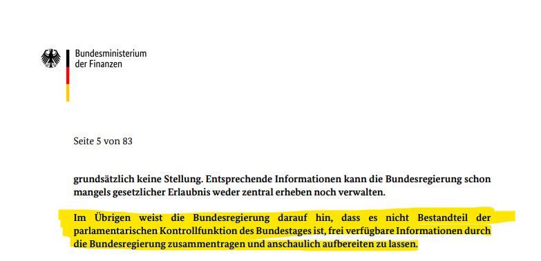 Bundesministerium der Finanzen
Seite 5 von 83
grundsätzlich keine Stellung. Entsprechende Informationen kann die Bundesregierung schon mangels gesetzlicher Erlaubnis weder zentral erheben noch verwalten.
Im Übrigen weist die Bundesregierung darauf hin, dass es nicht Bestandteil der parlamentarischen Kontrollfunktion des Bundestages ist, frei verfügbare Informationen durch die Bundesregierung zusammentragen und anschaulich aufbereiten zu lassen.