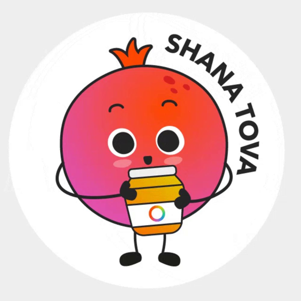 a sticker that says shana tova with a pomegranate holding a jar