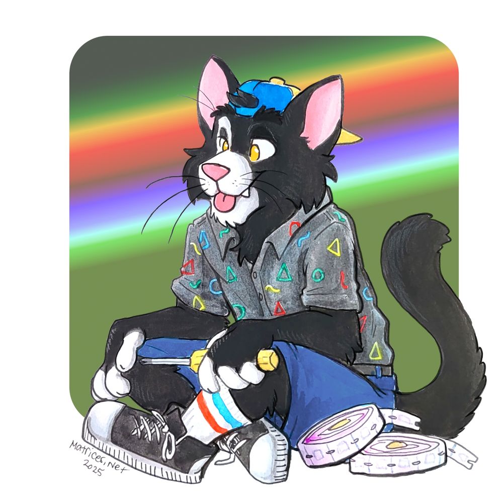 A black and white anthropomorphic housecat sits on the ground. He wears a button up shirt, blue shorts, and black hightop shoes with calf-high socks. He is looking forward with his tongue out while holding a screwdriver and has rolls of tickets nearby him. His yellow and blue hat is worn backwards, his shirt has a pattern of primary color shapes. The background is a gradient stripe pattern of green, yellow, red, purple and darkgreen. #furry #feline #watercolors 