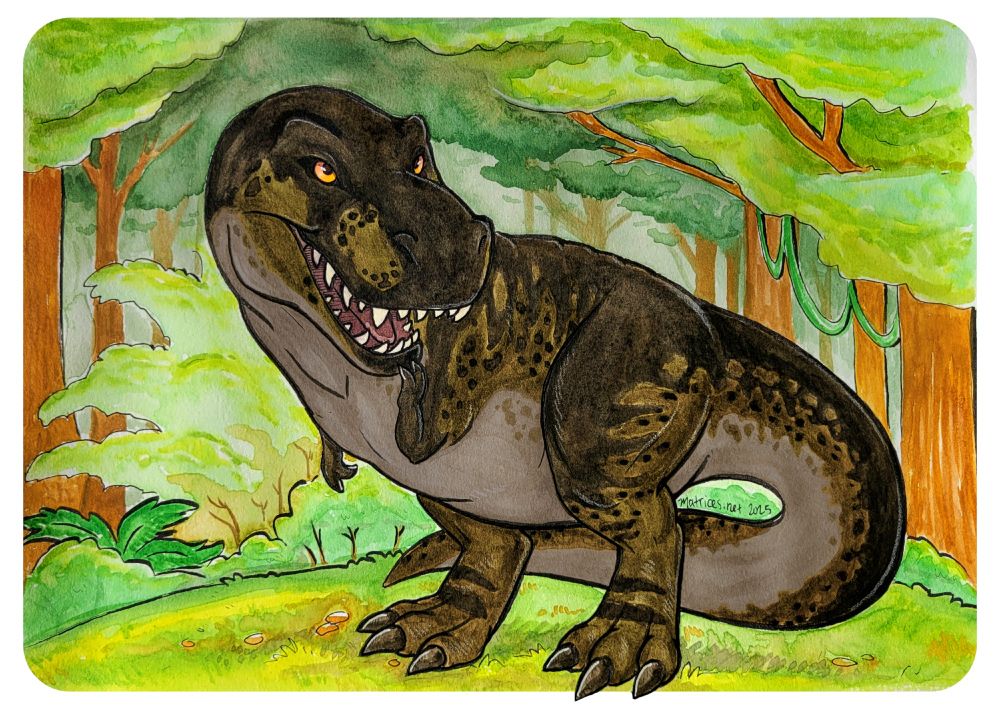 Strider is a t-rex that is in the 21st century. He is dark green with splotchy stripes and speckles that travel down his body into a taupe-colored belly and yellow eyes. He is grinning a bit, he has a large head, miniscule arms, and large powerful legs and tail. The scenery is modern forest. This character is one from the game The Isle. #tyrannosaurus #trex #scalie #scaley #furry #furryart #watercolors #tyrannosaurusrex #illustration