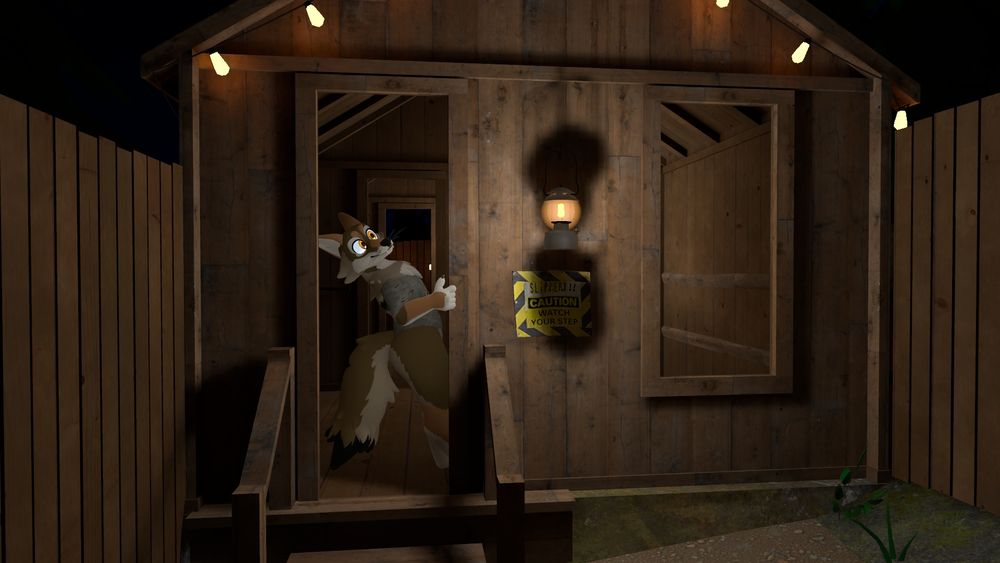 A normal looking shack, lit by lantern light and string lights, but the cartoon coyote standing in it is tilted for some reason. 