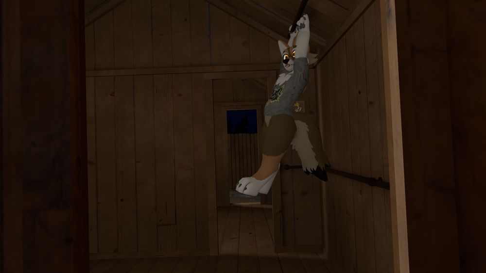 A coyote hanging from the ceiling, but the creature is not horizon adjusted. This is part of the optical illusion of the vrchat world destination. 
