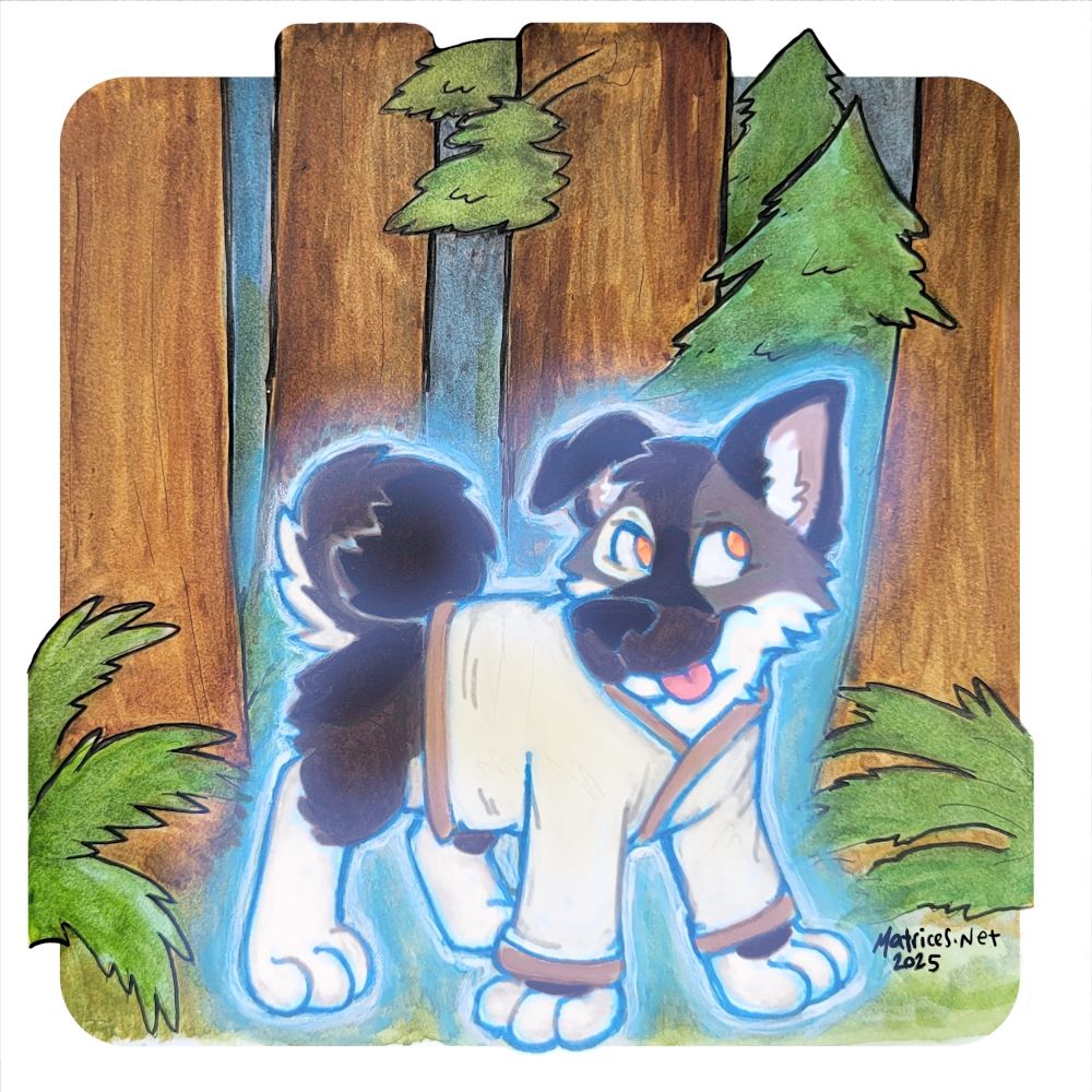 Colin is a jedi puppy with a padwan outfit on, standing in a forest on a planet with big trees and foliage. There is a blue glow surrounding him, and he is somewhat see-through. His fur is brown and cream with orange eyecolor. This piece was particularly challenging because anytime the blue touched the brown of the trees or the furcolor of the character it got muddy-looking, so this was definitely a challenge worth practicing and overcoming as a fun goal! #art #furry #watercolors 