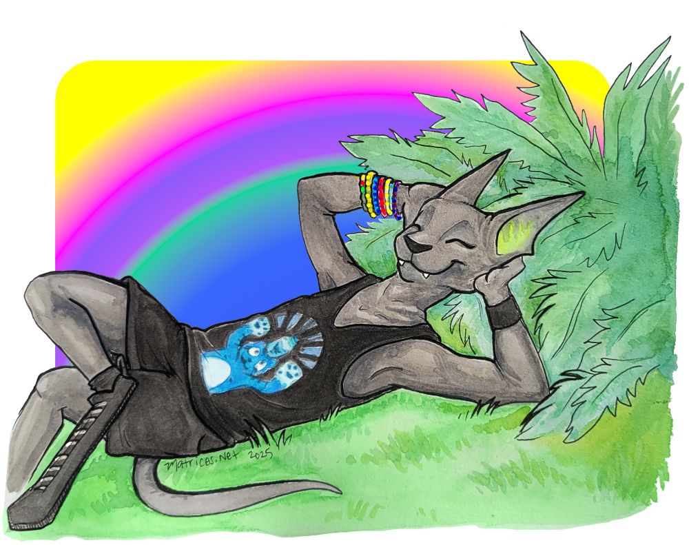Scrunk is a sphinx cat-like alien creature (Species is Bingusonian). He has grey lightly wrinkled skin and a strange green glow comes from the ears that feature two points. There are kandi bracelets from friends up one arm, and a black sweatband on the other. A black tank top with a trippy feline design holding up a bottle in a blue hue is depicted on the shirt. Black shorts and black shoes covering the whole digitigrade foot are worn. There is grass and ferns in the foreground with a rainbow gradient with yellow pink purple green teal and blue shown. #furry #art #watercolor 