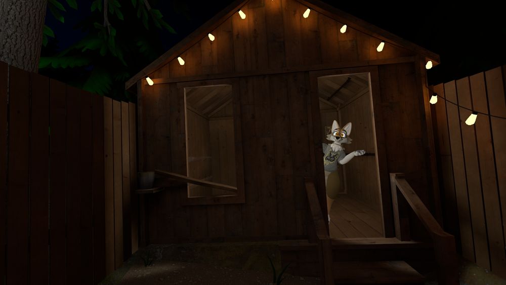 Another view of the gravity house with the cartoon coyote peeking out of the door. Part of an experiment ramp is visible through the window. This experiment shows a ball rolling up hill.