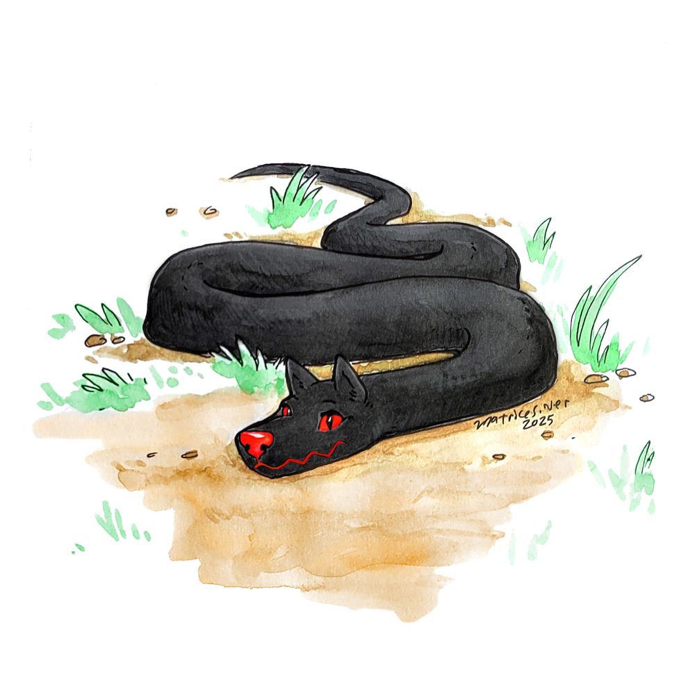 A black fox snake parasite creature is on the ground in a snakelike pose. Their long body is coiled a little bit and their foxlike head is resting on the ground. They are black and red, with a foxlike nose, red eyes with diamond-shaped pupils, and a red zigzagged mouth. This was painted in watercolors. #art #scaley #scalie #furry #snake #watercolors #furryart